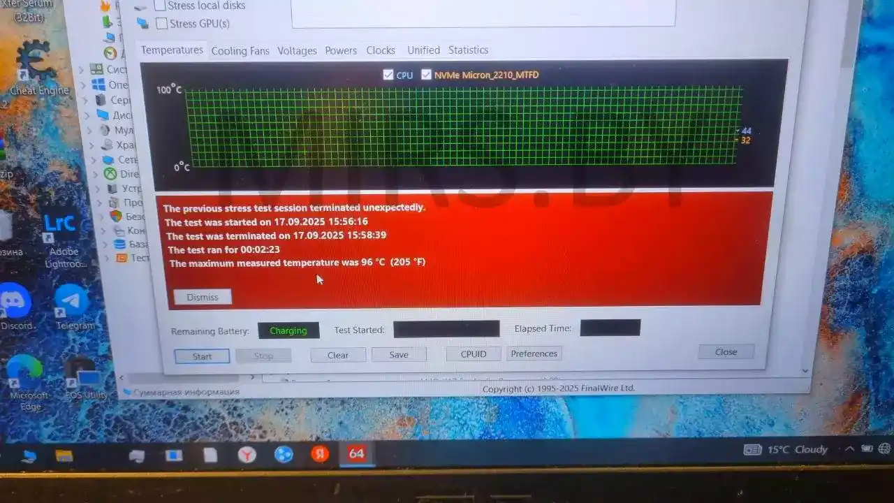 температура процессора ASUS TUF Gaming A15 FA506IU-HN200 до чистки под 100% нагрузкой