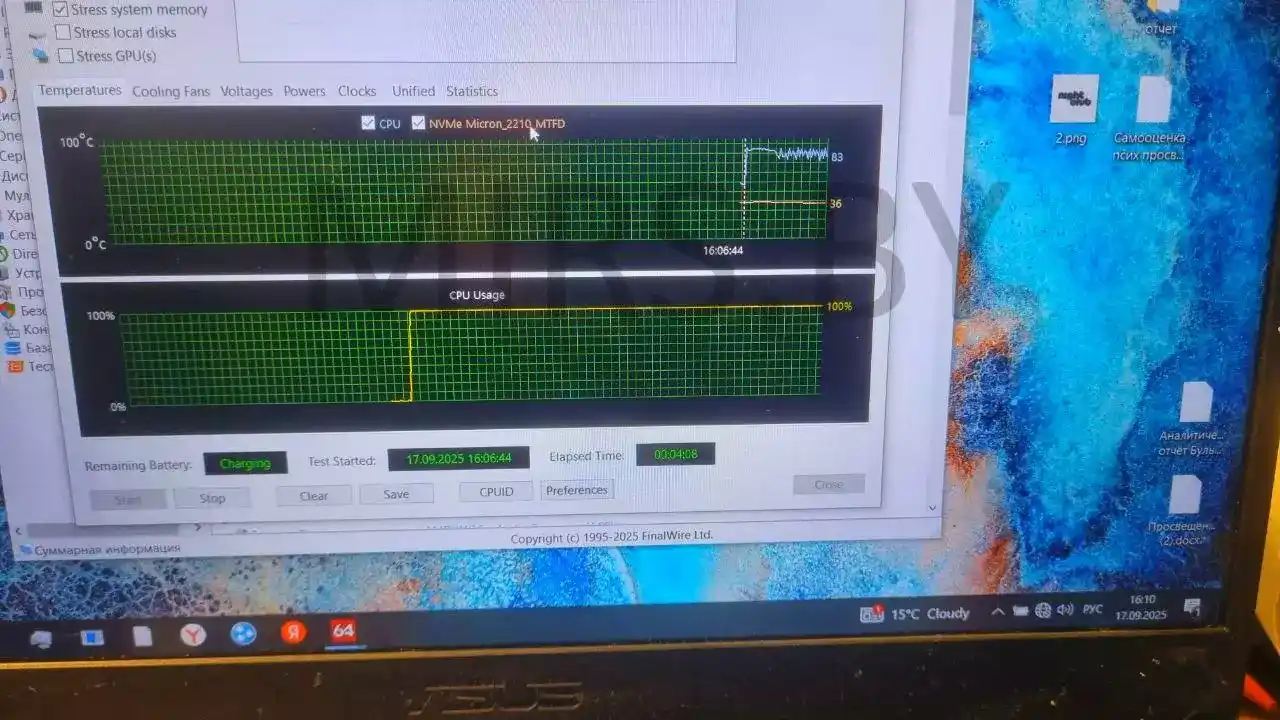 температура процессора ASUS TUF Gaming A15 FA506IU-HN200 после чистки под 100% нагрузкой