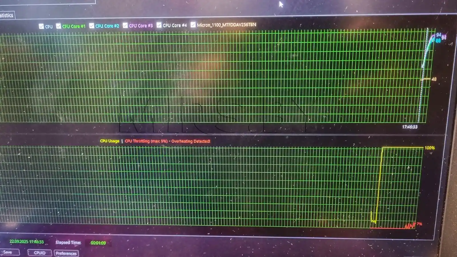 температура процессора ASUS TUF Gaming FX504GM до чистки под 100% нагрузкой - троттлинг